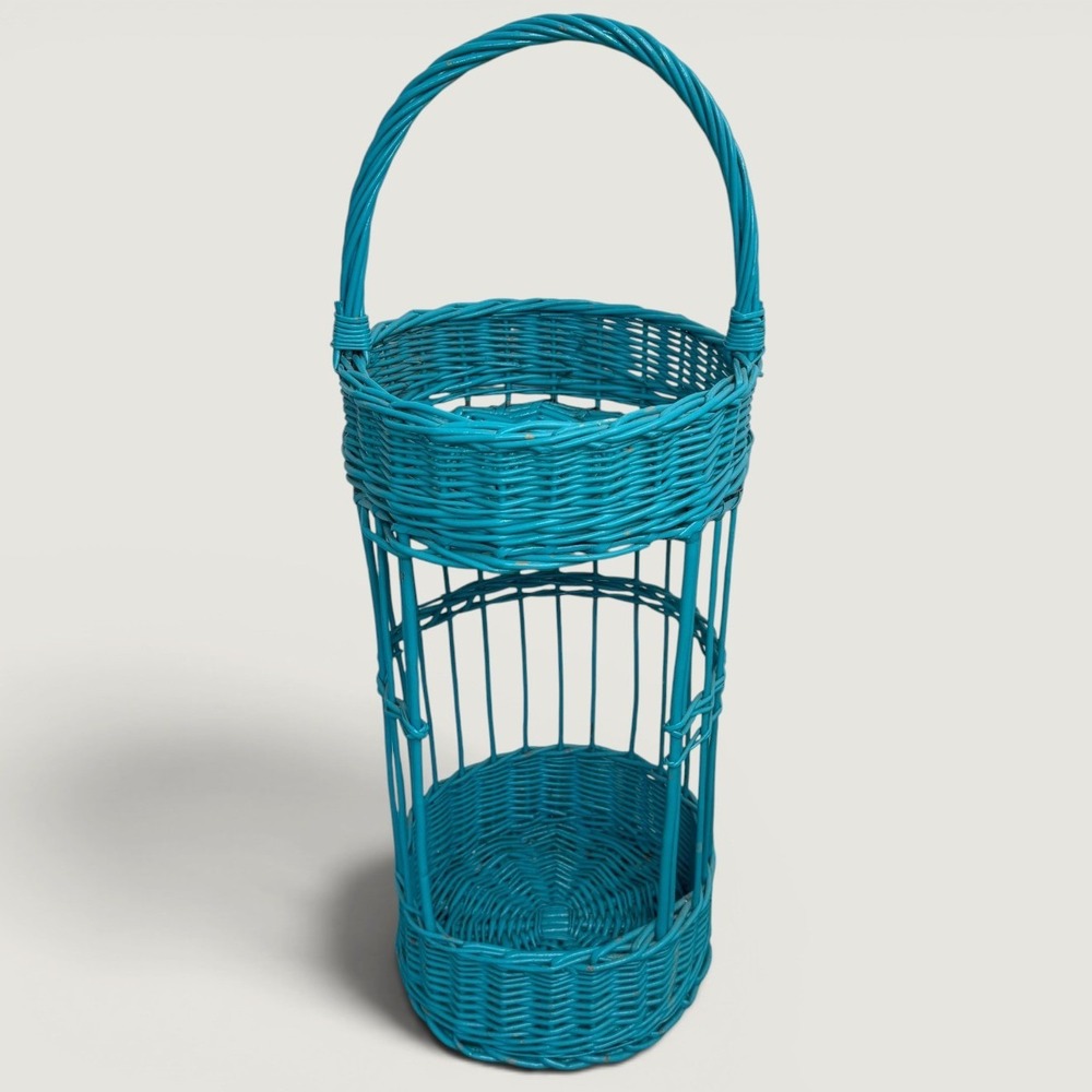 Vintage Turquoise Blue Wicker Bar Caddy Two Tier Round Basket Arched Handle 27in